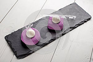 Purple brownie with ice cream. Sweet dessert with ice