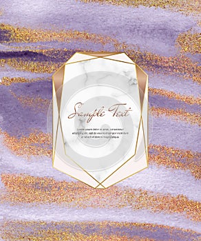 Purple brush stroke watercolor and gold sparkle glitter texture and marble geometric frame.