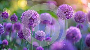 Purple buds of decorative onion in a garden on spring day