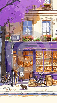 A purple building with a bakery on the front. A cat is sitting on the sidewalk in front of the bakery