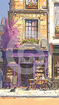A purple building with a bakery on the front. A cat is sitting on the sidewalk in front of the bakery