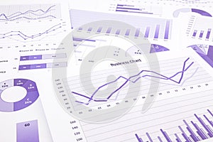 Purple business charts, graphs, data and report summarizing back