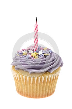 Purple buttercream iced cupcake with a single birthday candle