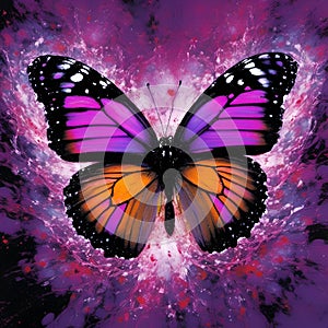 the purple butterfly is flying in a colorful sky on an orange and pink background