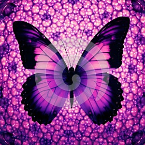 the purple butterfly is flying in a colorful sky on an orange and pink background