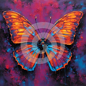 the purple butterfly is flying in a colorful sky on an orange and pink background