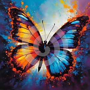 the purple butterfly is flying in a colorful sky on an orange and pink background