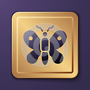 Purple Butterfly icon isolated on purple background. Gold square button. Vector