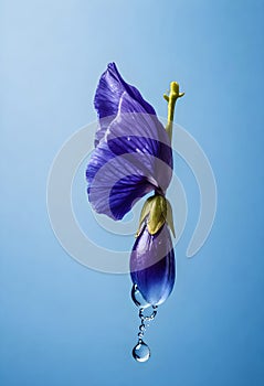 a purple butterfly pea flower with water droplets falling from it