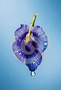a purple butterfly pea flower with water droplets hanging from it