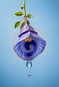 a purple butterfly pea flower with water droplets hanging from it