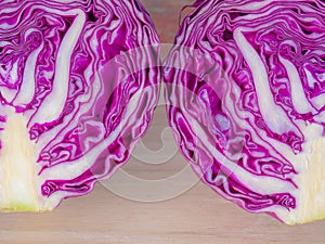 Purple cabbage on cutting boards on Wooden table .