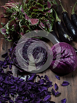 Purple cabbage on the wood table eggplant