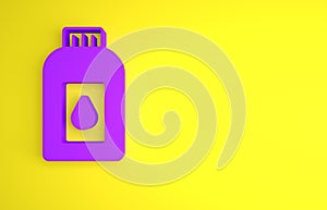 Purple Canister for motor machine oil icon isolated on yellow background. Oil gallon. Oil change service and repair