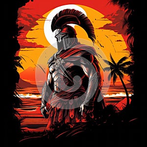 Spartan Warrior At Sunrise & Sunset - Tropical Landscape Style Sarong T-shirt Design