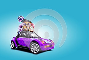 Purple car on blue background. There are donuts, candy canes, paper cup with coffee on roof of car, headlights on