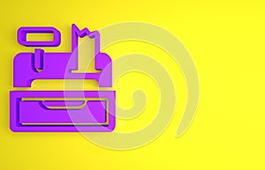 Purple Cash register machine with a check icon isolated on yellow background. Cashier sign. Cashbox symbol. Minimalism