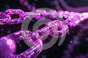 Purple chain with binary code on black background, blockchain concept, technology and business digital data transfer
