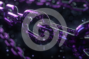 Purple chain with binary code on black background, blockchain concept, technology and business digital data transfer