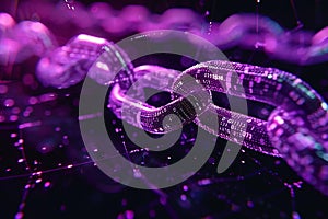 Purple chain with binary code on black background, blockchain concept, technology and business digital data transfer