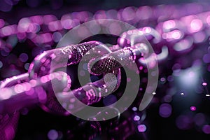Purple chain with binary code on black background, blockchain concept, technology and business digital data transfer