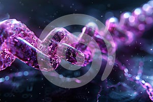 Purple chain with binary code on black background, blockchain concept, technology and business digital data transfer