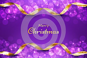 Purple christmas background with gold ribbon and glitter bokeh effect.
