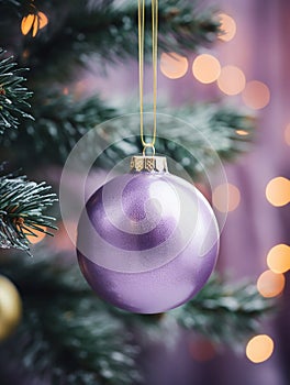A purple Christmas ball on a fir branch background