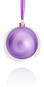 Purple Christmas ball hanging on ribbon Isolated on white