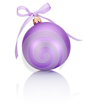 Purple Christmas ball with ribbon bow Isolated on white