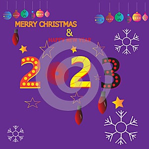 Purple christmas and new year background with stars and ornaments.