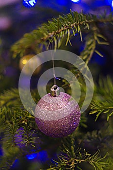 Close up of purple Christmas tree decorations
