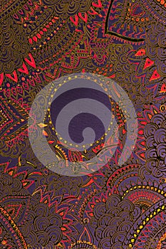 Purple circle and backdrop with colorful floral patterns of brown, yellow and orange. Abstract digital art.