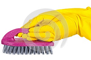Purple cleaning brush & yellow gloves