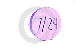 Purple Clock 24 hours icon isolated on white background. All day cyclic icon. 24 hours service symbol. Minimalism