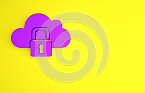 Purple Cloud computing lock icon isolated on yellow background. Security, safety, protection concept. Protection of