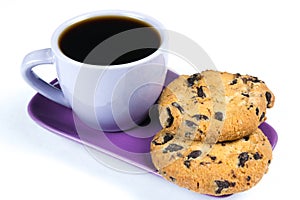 Purple coffee cup with saucer and spoon isolated on white background