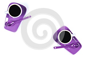 Purple coffee cup with saucer and spoon isolated on white background