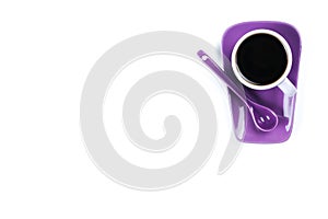 Purple coffee cup with saucer and spoon isolated on white background