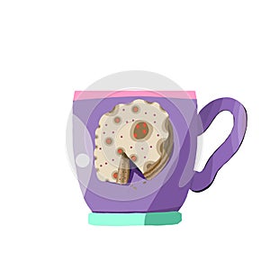 Purple coffee mug with a picture of a pie.