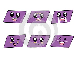 purple color parallelogram shape with expression smile angry crying wink eye sadness and laughing feeling photo