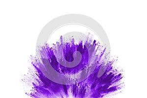 Purple color powder explosion on white background.