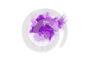 Purple color powder explosion on white background.