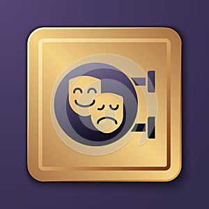 Purple Comedy and tragedy theatrical masks icon isolated on purple background. Gold square button. Vector