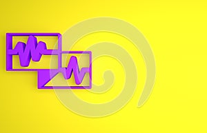 Purple Computer monitor with cardiogram icon isolated on yellow background. Monitoring icon. ECG monitor with heart beat