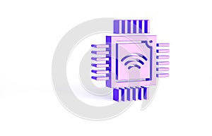 Purple Computer processor with microcircuits CPU icon isolated on white background. Chip or cpu with circuit board