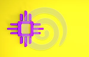 Purple Computer processor with microcircuits CPU icon isolated on yellow background. Chip or cpu with circuit board