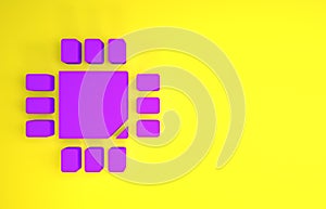 Purple Computer processor with microcircuits CPU icon isolated on yellow background. Chip or cpu with circuit board