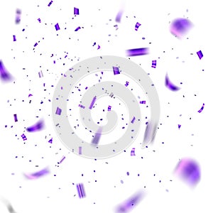 Purple confetti explosion celebration on white background. Falling confetti. Abstract decoration party