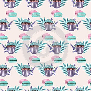 Purple cookie and macaroons, seamless pattern